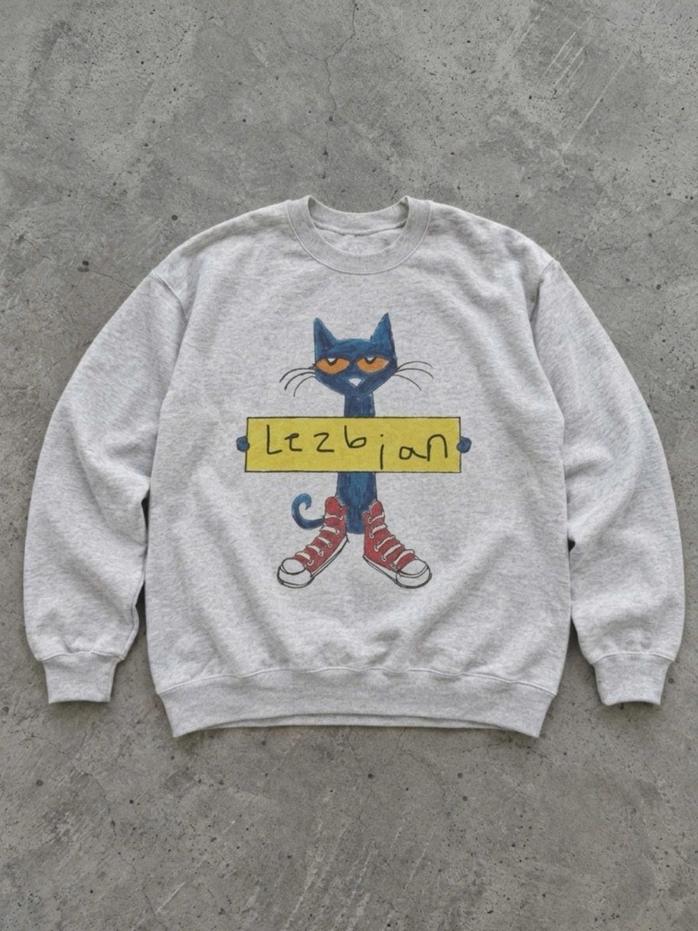Gray Cat Graphic Sweatshirt with Yellow Sign and Red Shoes